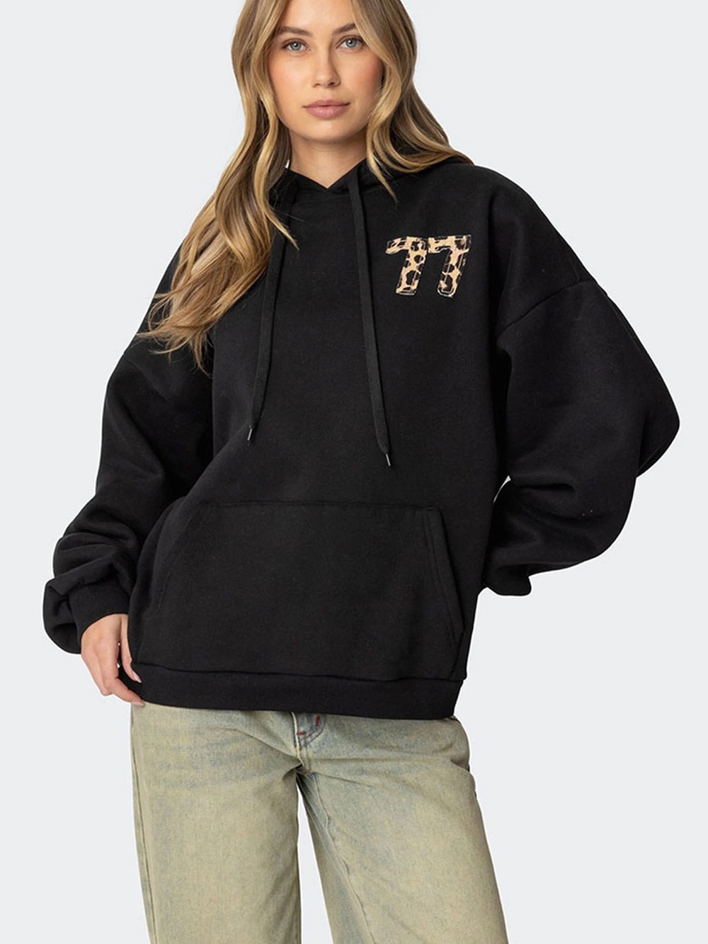Edikted Black Oversized Hoodie with Leopard '77' graphic